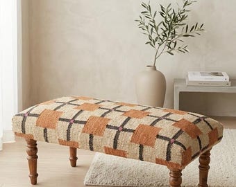 Handgeweven kelimbank | Moderne boho gestoffeerde poef | Geometrische jute en wollen halbank |