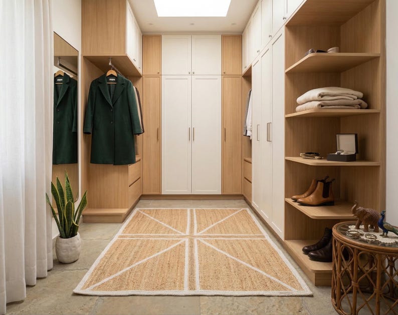 May include: A walk-in closet with light wood and white cabinetry, open shelving, and a jute rug with a geometric design. A dark green coat hangs in the closet. The room has a neutral color palette.