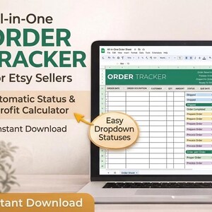 Może przedstawiać: Ekran laptopa wyświetla arkusz kalkulacyjny "Order Tracker" dla sprzedawców Etsy. Ekran pokazuje kolumny ze szczegółami zamówienia, statusem i kalkulatorem zysku. Tekst na ekranie brzmi "All-in-One Order Tracker" i "Instant Download."