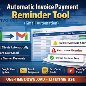 Puede incluir: Un anuncio de una herramienta de recordatorio de pago de facturas automático. La imagen presenta un logotipo de Gmail, una hoja de cálculo y varios iconos. El texto incluye "Remind Clients Automatically" y "No More Chasing Payments."
