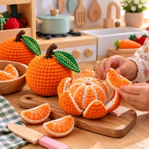 Könnte beinhalten: Ein Set aus gehäkelten Orangen-Spielzeugen, bestehend aus ganzen Orangen mit grünen Blättern und einer segmentierten Orange, die auseinandergenommen werden kann. Die Orangen sind aus leuchtend orangefarbenem Garn mit weißen Details gefertigt.