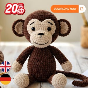 May include: A handmade brown and beige crochet monkey doll with a smiling face, black eyes, and a long tail. The image includes the text "20% OFF" and "DOWNLOAD NOW".