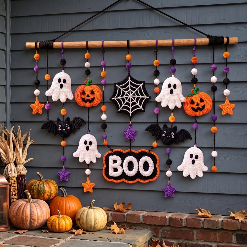 Op de afbeelding: Een Halloween-wandhanger met een houten roede en hangende gehaakte ornamenten, waaronder witte spoken, oranje pompoenen, zwarte vleermuizen, een wit spinnenweb, paarse sterren en een zwart bord met de witte tekst BOO, geaccentueerd door kleurrijke kralen.