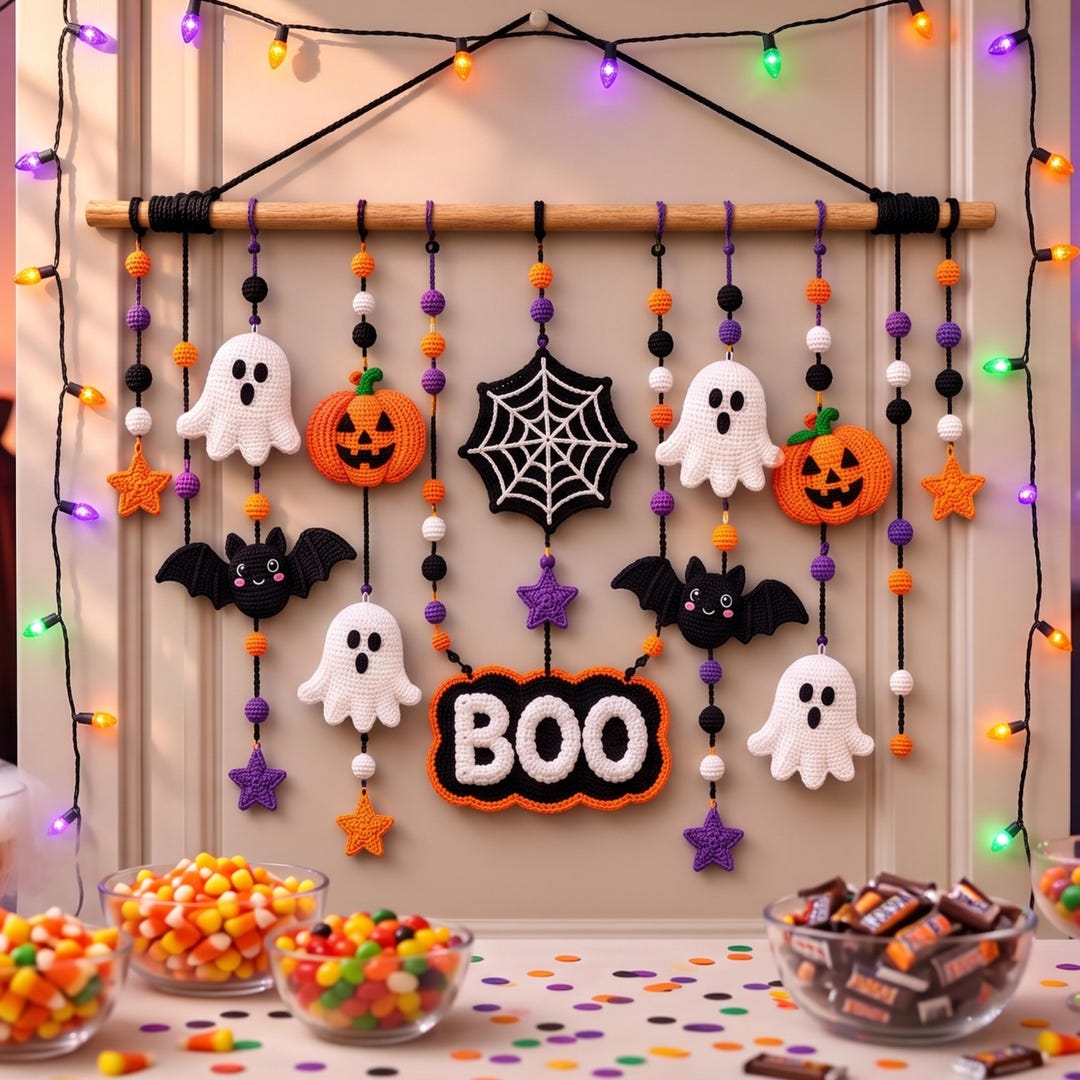 Halloween Crochet Door Hanging Pattern PDF, Ghost Pumpkin Bat Garland ...