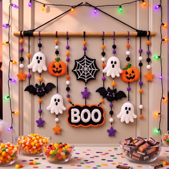 Halloween Crochet Door Hanging Pattern PDF, Ghost Pumpkin Bat Garland, Spider Web Wall Decor, Amigurumi Halloween Decor Pattern