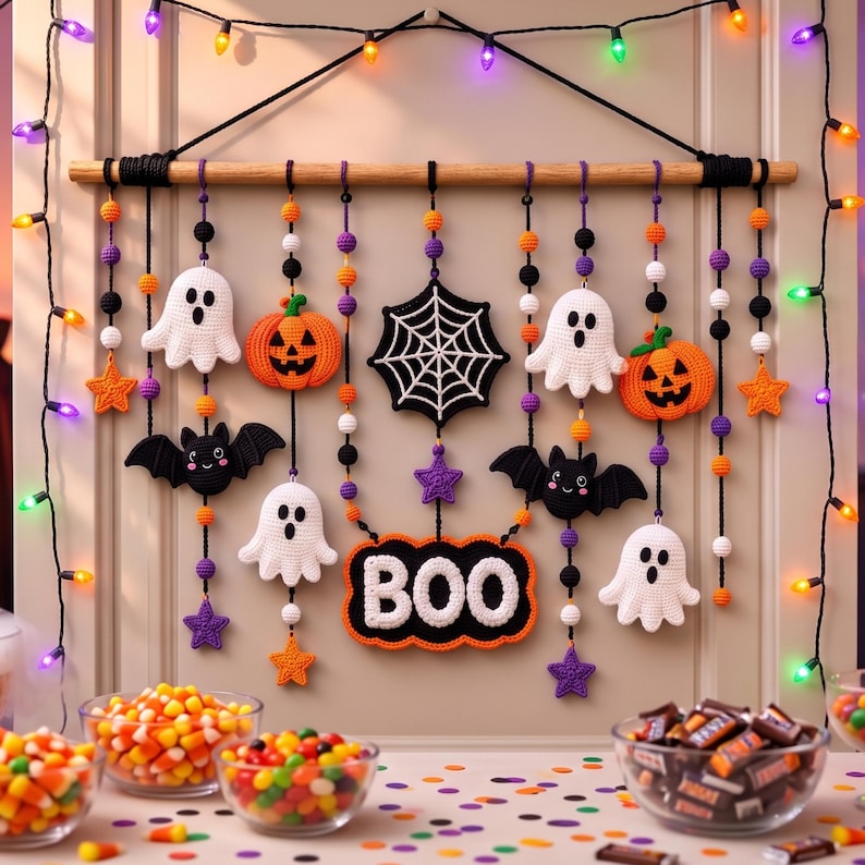 Op de afbeelding: Een Halloween-wandhanger met een houten stok en hangende gehaakte ornamenten, waaronder witte spoken, oranje pompoenen, zwarte vleermuizen, paarse en oranje sterren, een zwart spinnenweb en een bordje met de witte tekst BOO op een zwarte achtergrond.