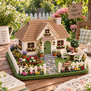 Peut inclure: Une maison miniature en crochet avec un toit marron, des murs crème et une porte verte. La maison présente un chemin en pierre, une clôture blanche et des parterres de fleurs colorés. Une table et deux chaises sont sur la pelouse avec un panneau Welcome.