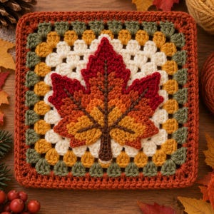 May include: A square crochet granny square featuring a central three-dimensional maple leaf motif in shades of red, orange, and yellow. The surrounding border consists of concentric rounds in cream, mustard yellow, olive green, and a dark rust red edge.