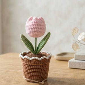 DIY-virkat tulpanväxtmönster PDF | Amigurumi blomkrukadekor | Direkt nedladdning på engelska och tyska