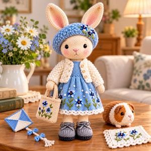 Knitted Bunny Doll Pattern PDF, Bunny Toy Knitting Pattern, 14 Inch Rabbit Doll, Dress Cardigan Beret, Guinea Pig Companion