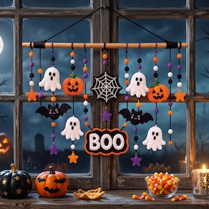 Op de afbeelding: Een Halloween-wandhanger met een houten stok en bungelende gehaakte ornamenten, waaronder witte spoken, oranje pompoenen, zwarte vleermuizen, paarse en oranje sterren, een spinnenweb en een centraal bord met de tekst BOO in witte letters.