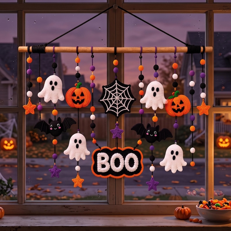 Halloween Crochet Door Hanging Pattern PDF, Ghost Pumpkin Bat Garland ...