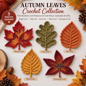 May include: A crochet collection featuring five realistic leaf patterns: a red and orange maple leaf, a green oak leaf, an orange elm leaf, a yellow birch leaf, and a red sweetgum leaf. Text reads: AUTUMN LEAVES Crochet Collection, 5 Patterns Included.