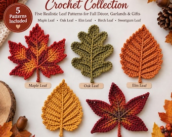 May include: A crochet collection featuring five realistic leaf patterns: a red and orange maple leaf, a green oak leaf, an orange elm leaf, a yellow birch leaf, and a red sweetgum leaf. Text reads: AUTUMN LEAVES Crochet Collection, 5 Patterns Included.