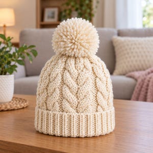 May include: A cream-colored knit beanie featuring a thick cable knit pattern on the main body, a ribbed cuff at the base, and a large, matching pom-pom attached to the top. The hat is constructed from a soft, textured yarn material.