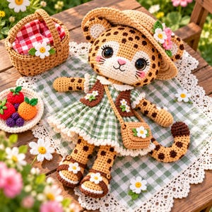 Könnte beinhalten: Eine gehäkelte Leopardenpuppe mit Strohhut, grün-weiß kariertem Kleid, brauner Weste und Sandalen, verziert mit kleinen weißen Blumen. Die Puppe trägt eine passende kleine Tasche und wird von einem winzigen Picknickkorb sowie Obststücken begleitet.