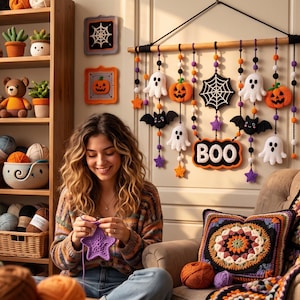 Op de afbeelding: Een wandhanger met gehaakte Halloween-motieven zoals spoken, pompoenen, vleermuizen en een spinnenweb, opgehangen aan een houten stok met kleurrijke kralen. Het centrale element is een zwart bord met oranje rand en de tekst BOO.
