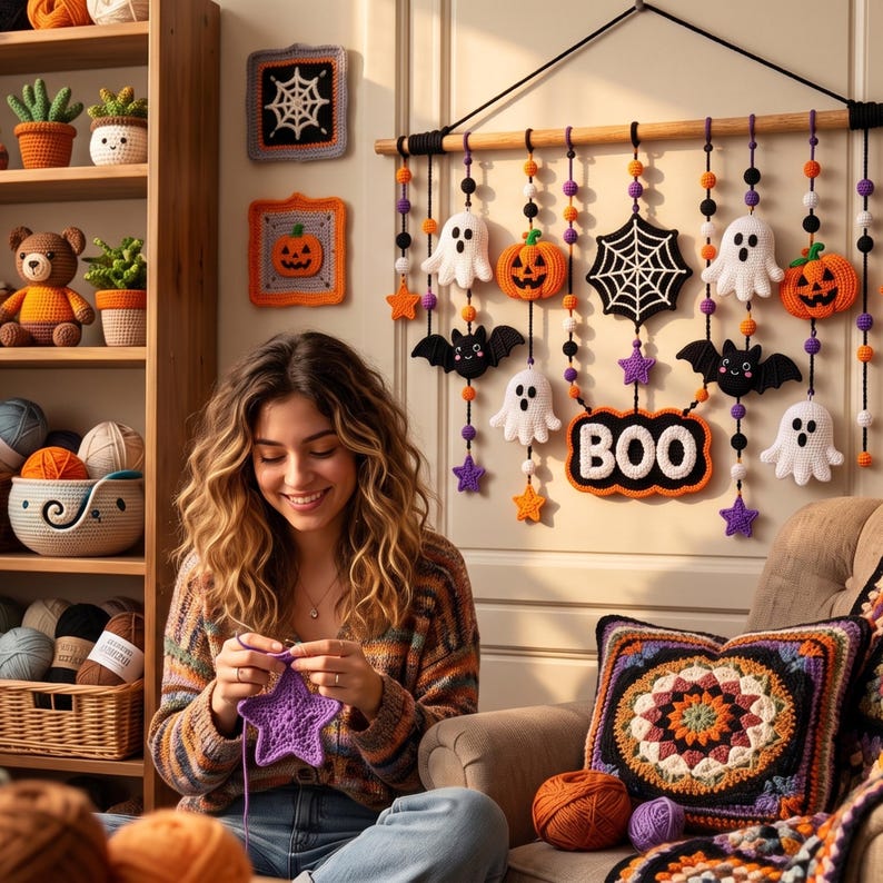 Halloween Crochet Door Hanging Pattern PDF, Ghost Pumpkin Bat Garland ...