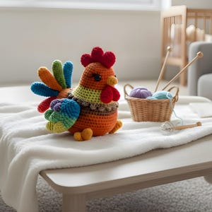 May include: A handmade, colorful crochet rooster sits on a white surface. The rooster features orange, red, yellow, green, and blue yarn. A small basket with yarn and knitting needles is in the background. The rooster is a decorative item.