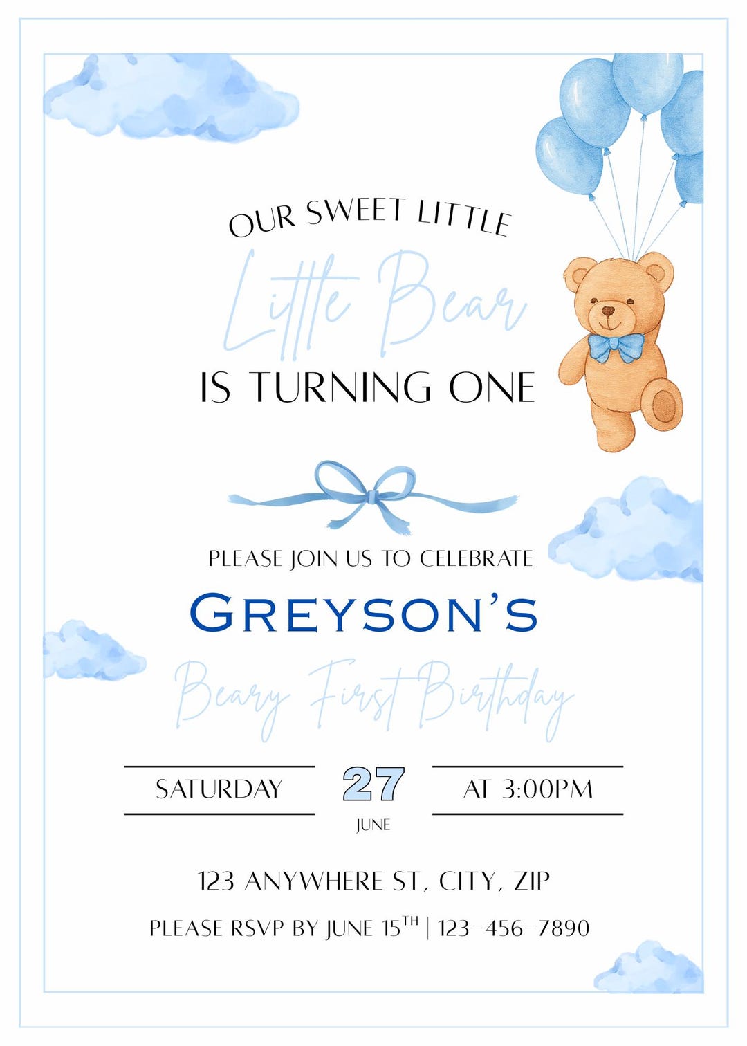 Beary Sweet First Birthday Invitation – Blue Teddy Bear Party Invite ...