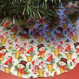 Christmas tree skirt 20&quot;  in Diameter, Made with Frosty Snowman in Ice Cream Cones.  20”  and 35&quot; diameter