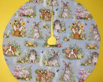 Bunnies, Lambs and Easter eggs  Holiday tree skirt Tabletop or skinny tree, 19” in diameter