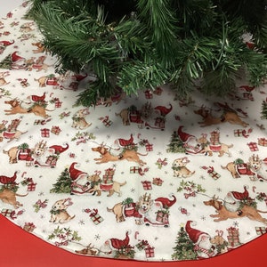 Handmade Christmas Holiday tree skirts Santa Gnomes riding Dog Reindeers, 35 and 20&quot; diameter