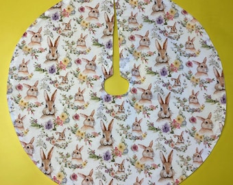 Bunnies and flowers Spring  Easter Holiday tree skirt Tabletop or skinny tree, 19” in diameter