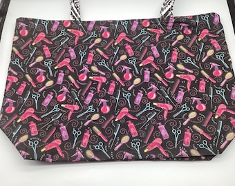 Reusable Reversible X Large Shopping Tote bag, Cosmetology Hair Stylist work bag, cotton and canvas