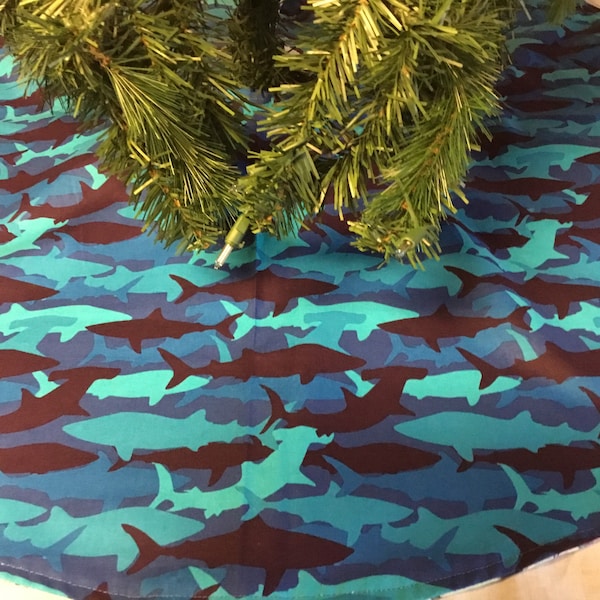 New Handmade Under the Sea Sharks Christmas tree skirt  35”