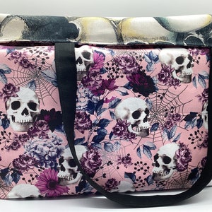 Reusable Reversible Large Shopping Tote bag, Spider Webs, Skulls, Roses, Pink
