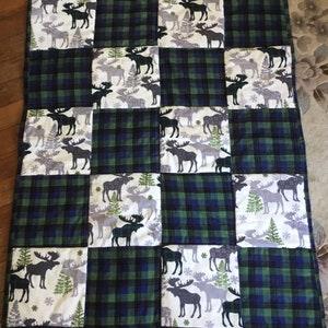 Handmade Country Plaid with Moose Baby quilt crib blanket, green and blue LumberJack