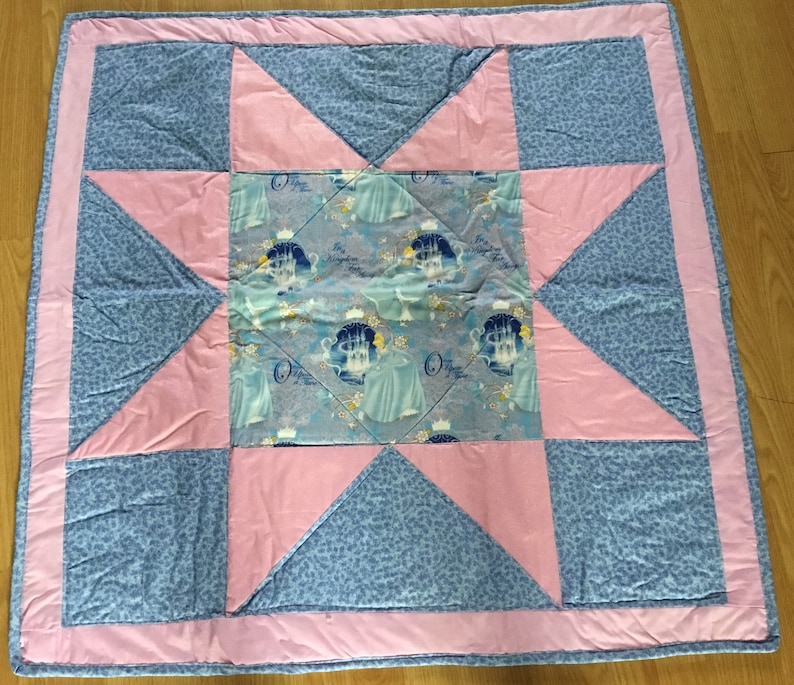 blue and pink Handmade Girls Disney Princess Cinderella Star Baby Quilt