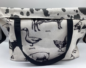 Large Reusable Eco-Friendly  Shopping Tote , Farm animals farmers market bag with cow print lining