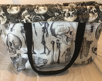 Reusable Reversible Large Shopping  Satin Tote bag, Skeletons, Bones and Skulls