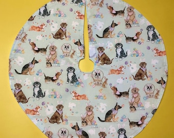 puppy Dogs with Bunny Ears Spring  Easter Holiday tree skirt Tabletop or skinny tree, 19” in diameter