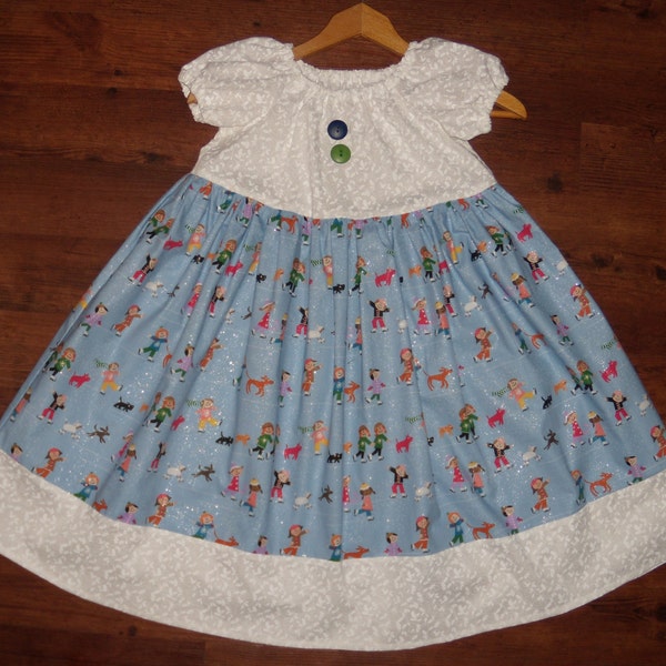 Old Fashioned Girls Peasant Dress, Country Style for Fall. Size 6/7 childs,Holiday Winder Wonderland Skating Blue