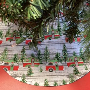 Handmade Christmas Holiday tree skirt Vintage style Campers, camping  20&quot; and35&quot; in diameter