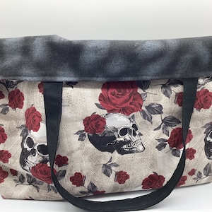 Reusable Reversible Large Shopping  Skulls and red roses tote bag