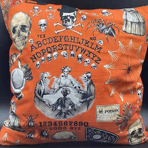 Handmade Fall Halloween Ouija Board, Skulls and Spiders  pillow cover, 18”