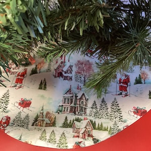 Handmade New Santa Skiing in  Christmas Village   20&quot; mini and 35&quot; diameter Holiday tree skirt