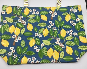 Reusable Reversible X Large Shopping Tote bag, Lemons, cotton canvas