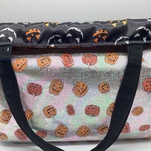 Reusable Reversible Large Shopping  Satin Tote bag, Pumpkins on oil slick fabric, Perfect for Halloween, with satin