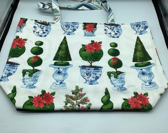 Reusable Reversible X Large Shopping Tote bag,Holiday trees, cotton canvas