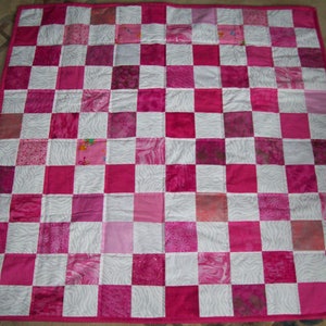 New Handmade Baby Girls Bright Pink and White Crib Quilt Blanket scrappy pieced and Reversible Easter Gift