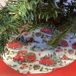 Handmade  Christmas  Tree Skirt, Red Pickup Trucks 20&quot; tabletop &  35&quot; diameter Holiday tree skirt