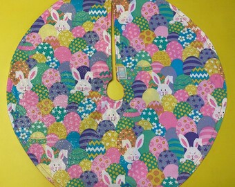 Easter eggs, Bunnies and Glitter Holiday tree skirt Tabletop or skinny tree, 19” in diameter