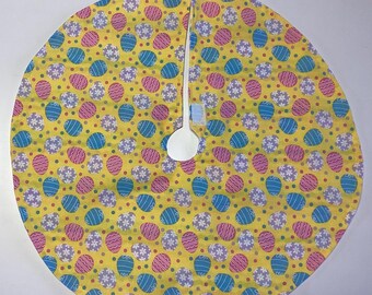 Easter egg on bright yellow.  Holiday tree skirt Tabletop or skinny tree, 19” in diameter