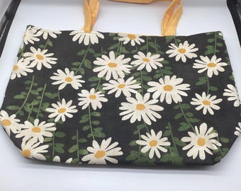Reusable Reversible X Large Shopping Tote bag, Daisies, cotton canvas