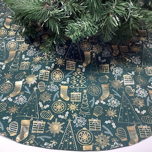 New Green with Gold Foil Snowflakes trees stockings and more on 20", 35"  diameter Christmas tree skirts